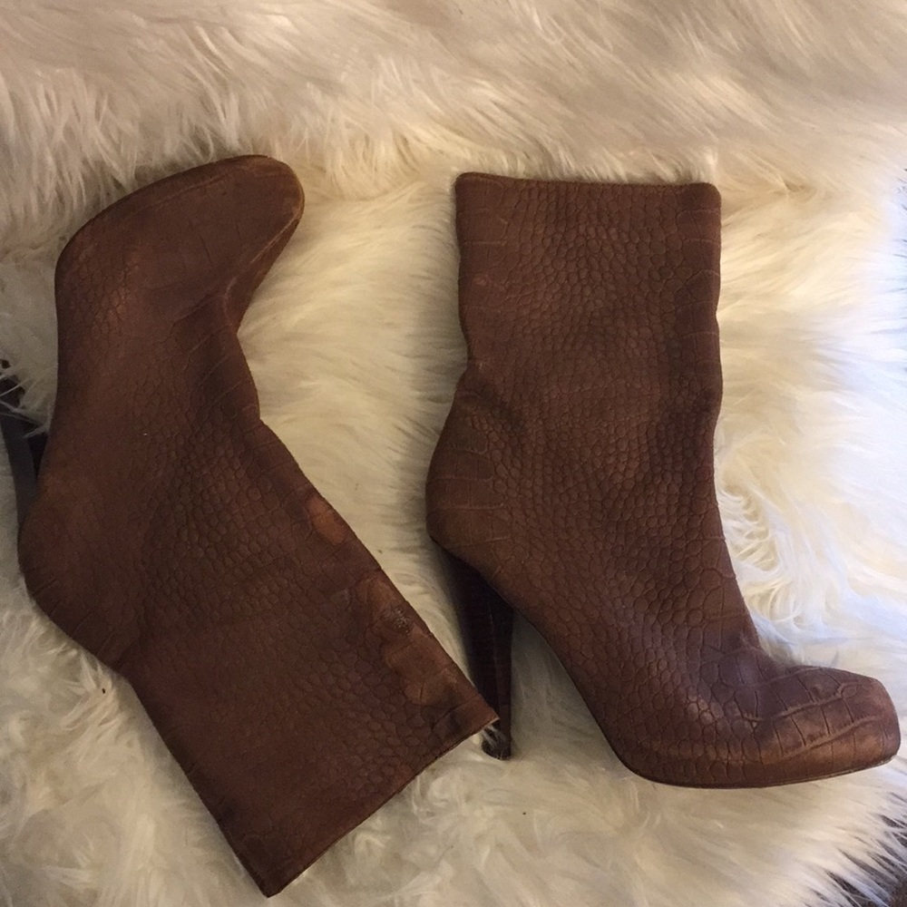 Suede high heel boots mid calf  tan size 6
